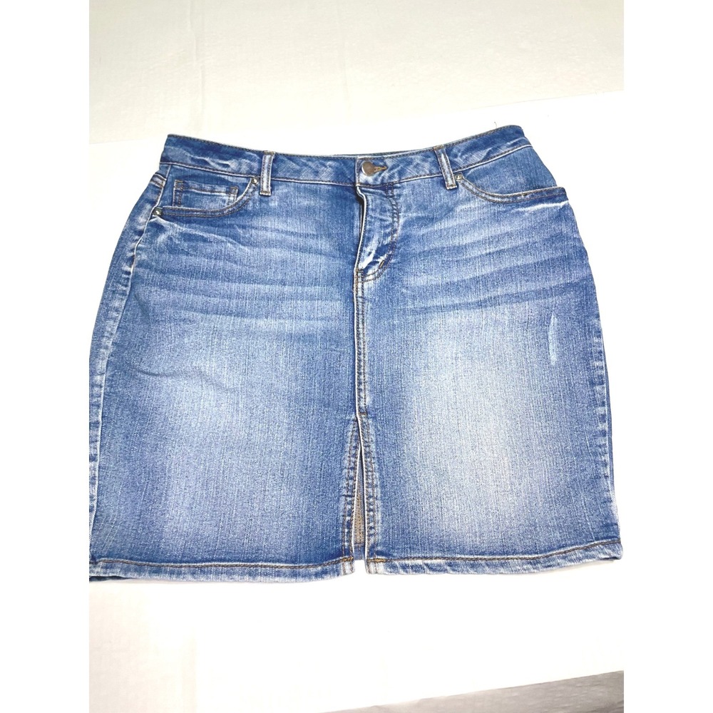 Faded Glory Medium‎ Wash Denim Mini Skirt Size 10 Blue Jean Slit Front